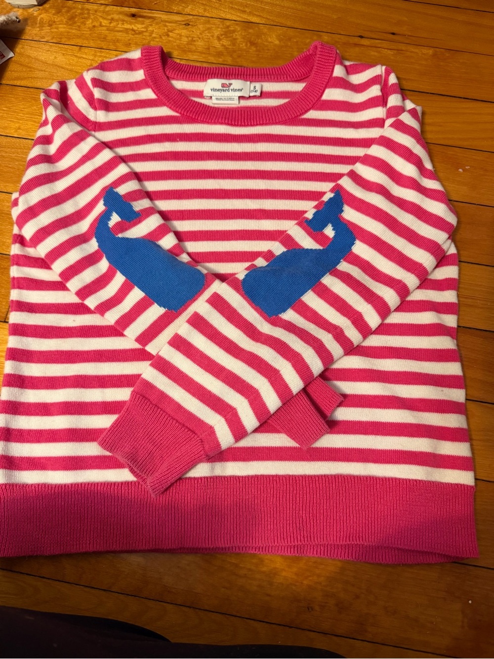 Vineyard Vines Pink & White Striped Whale Elbow-Patch Sweater